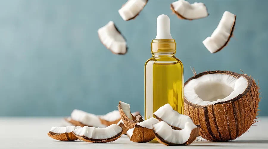 قطره روغن نارگیل روی کف دست برای مراقبت از مو