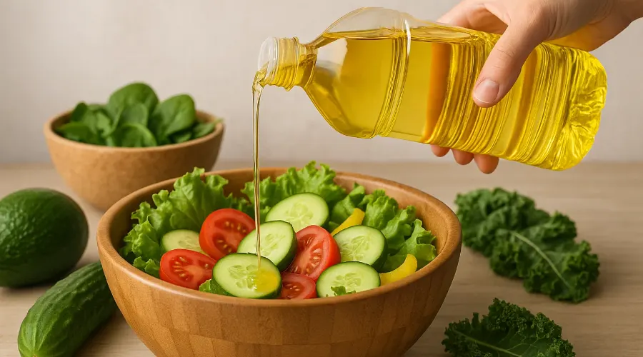 روغن کانولا دکتر اویل، آماده اضافه شدن به سالاد سبز.
